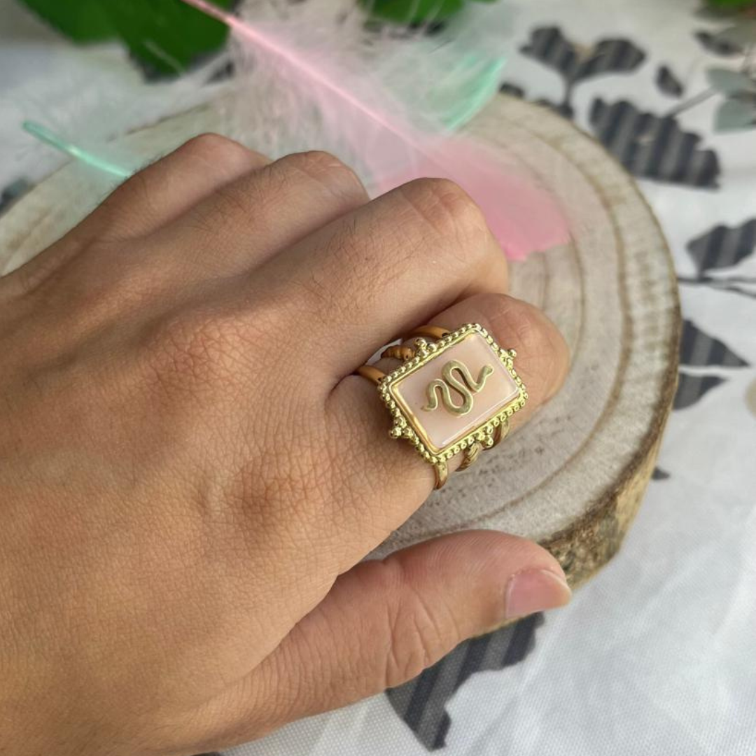 Anillo Cuarzo Rosa Serpiente Acero (Ajustable)