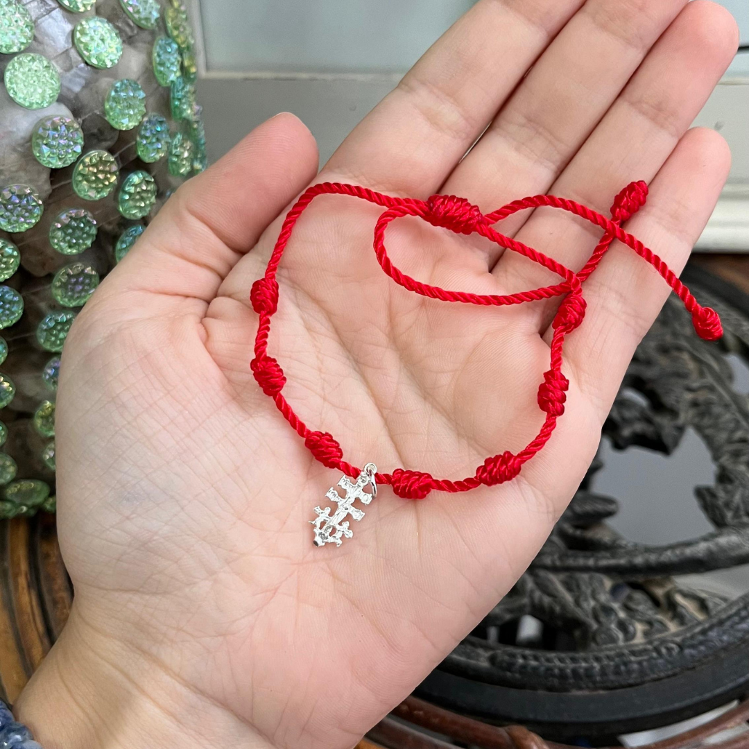 Pulsera Protección 7 Nudos con Cruz de Caravaca Plata