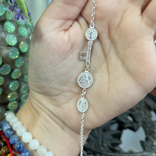 Pulsera Triple Protección San Judas Tadeo, Llave San Benito, Virgen Milagrosa Plata