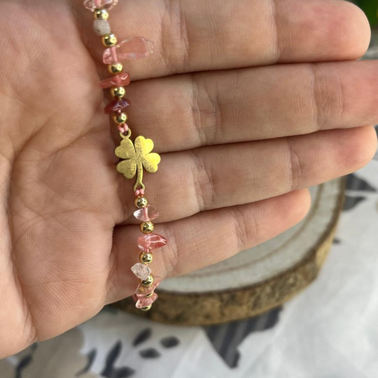 Pulsera Cuarzo Fresa Trébol